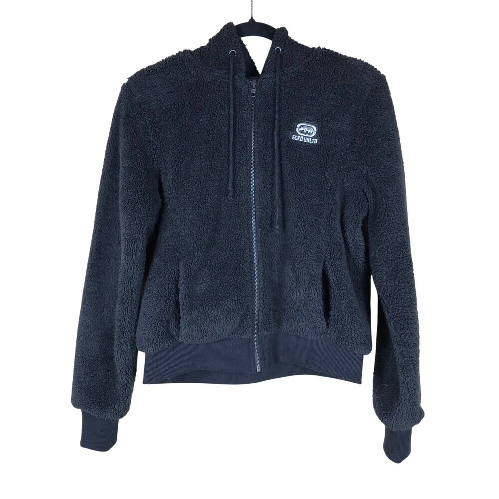 Y2K Ecko Unltd Jacket Women’s Large Black Sherpa Fleece Winter Outdoor Casual